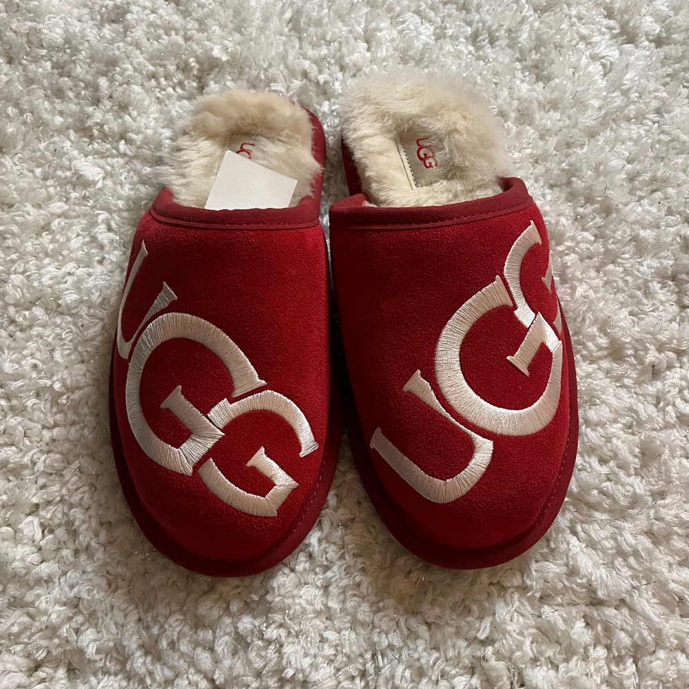 UGG “Scuff” Logo Suede Slippers Red/Cream